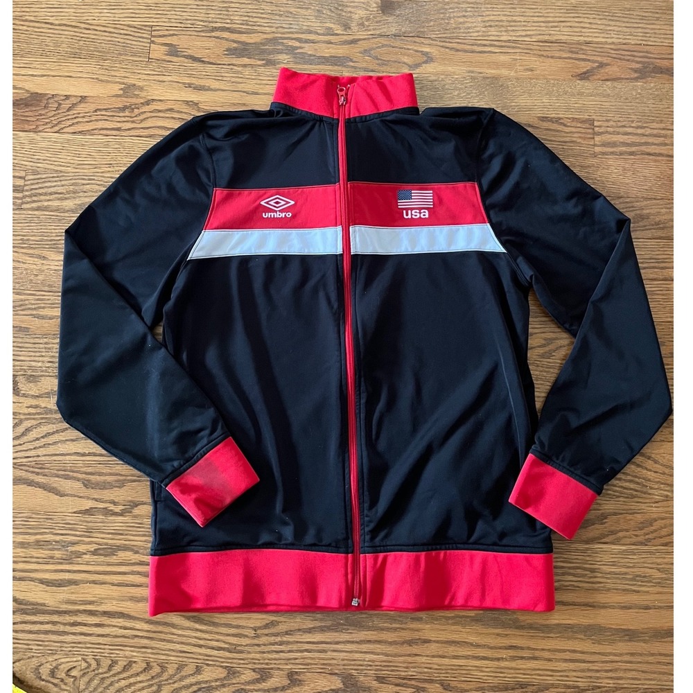 Umbro USA Soccer Track Jacket Mens Medium Black Red Full Zip Athletic Coat